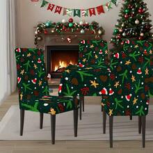 1PC/4PCS/5PCS/6PCS/7PCS/30PCS Dark Green Christmas Hat Gingerbread Man Pine Cone Holly Red Berry Print Christmas Tablecloth Elastic Chair Cover Set, Washable Decorative Dining Tablecloth + Elastic Chair Cover, Suitable For Christmas Eve Dinner, Christmas Family Gathering, Holiday Banquet, Home Dining Room Tabletop Holiday Party Decoration - Dark Green - View 5