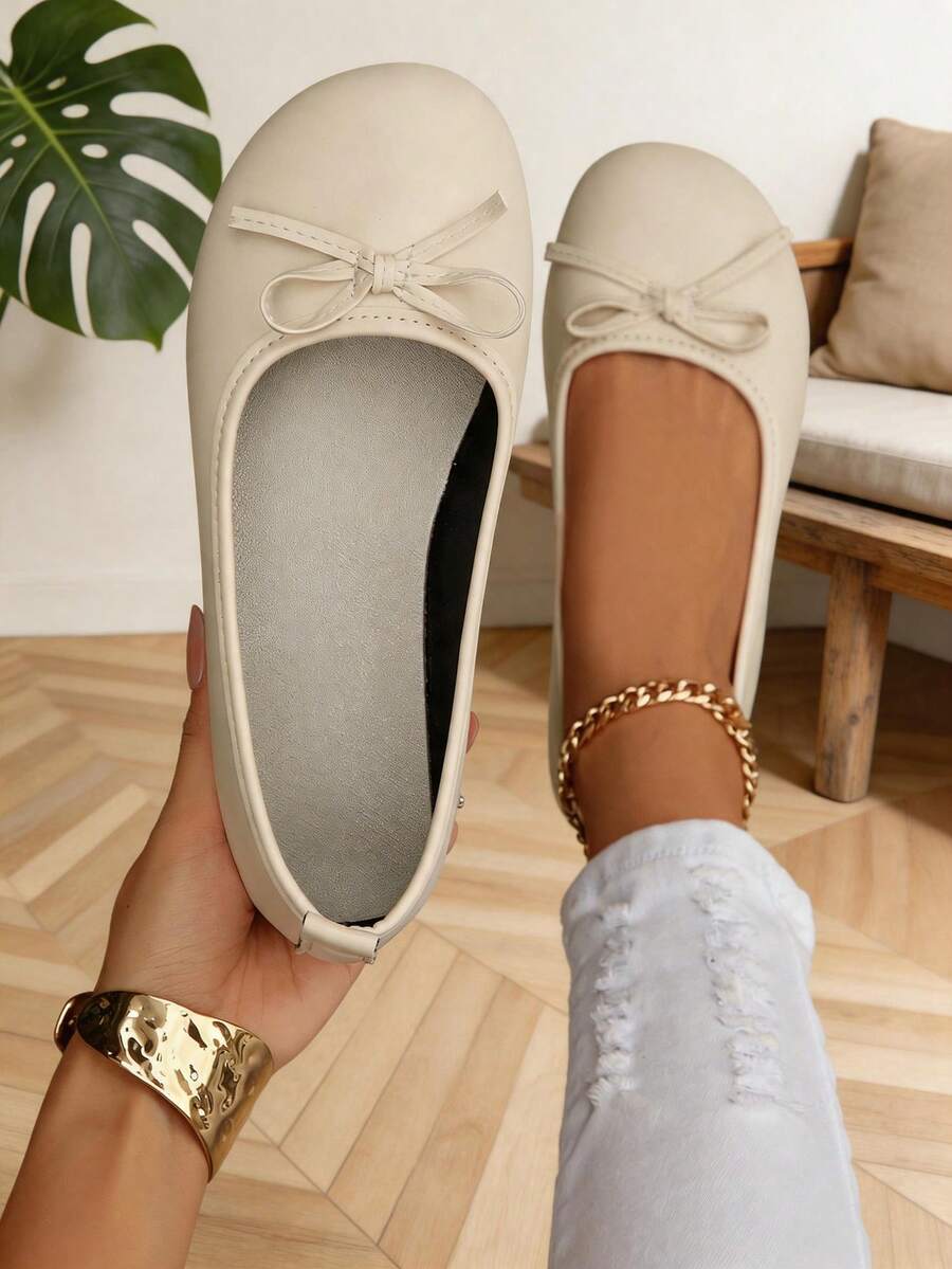 1 Pair Women's Beige Bow Decor Round Toe Flat Ballet Shoes Fashion Design Daily Slip‑On Flat Shoes - Beige - View 1