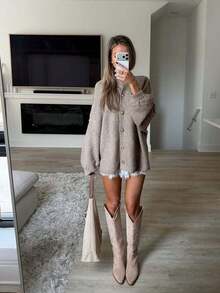 FOR BEAUTY Women's Autumn/Winter Cardigan Y2K Fashion Khaki Round Neck Front Button Knit Jacket Basic Business Casual Commute Outerwear Set - Khaki - View 1