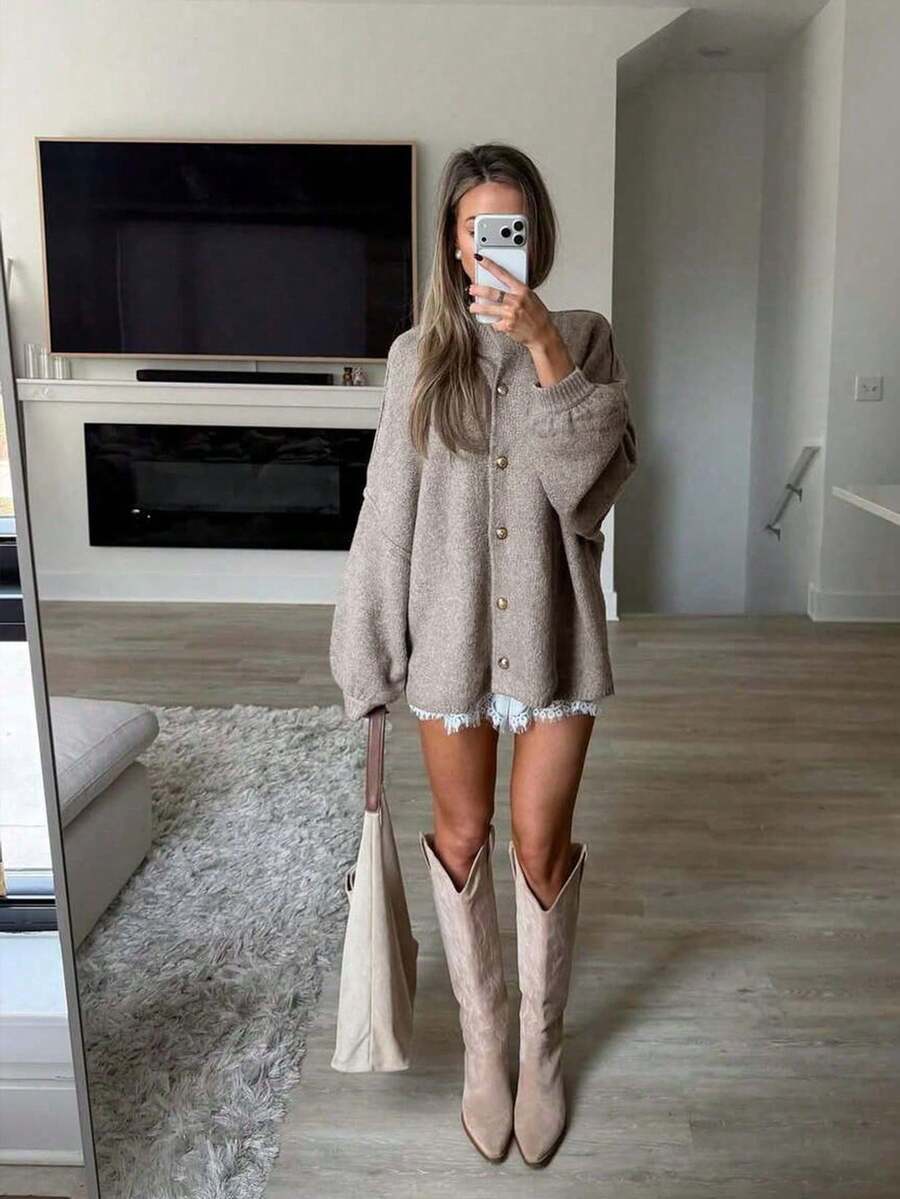 FOR BEAUTY Women's Autumn/Winter Cardigan Y2K Fashion Khaki Round Neck Front Button Knit Jacket Basic Business Casual Commute Outerwear Set - Khaki - View 1