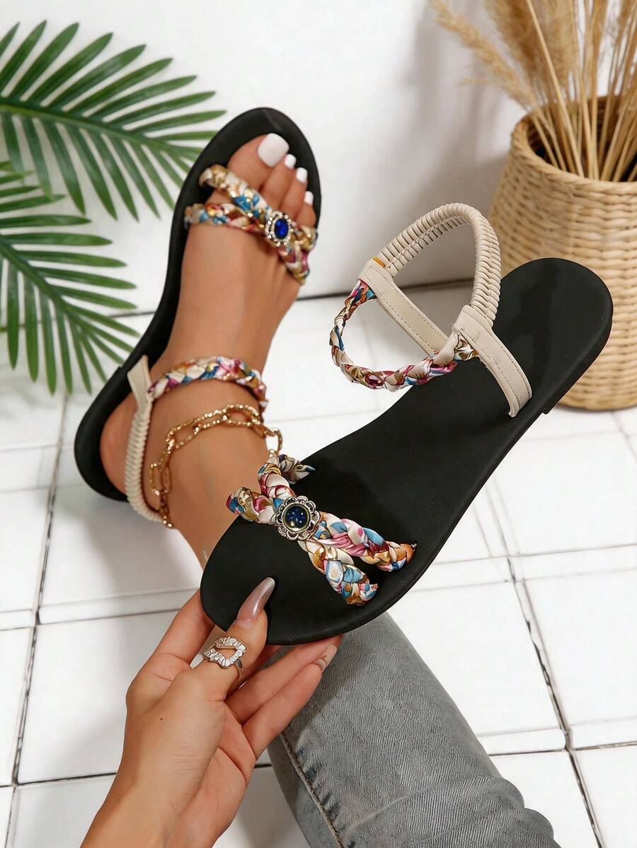 Beige Floral Woven Elastic Ankle Strap Sandals, Sapphire Rhinestone Flat Roman Sandals, Women's Summer Vacation Beach Sandals - Beige - View 1