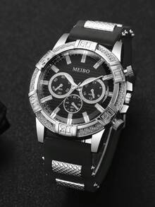 Men's Silicone Watch Classic Fashion Three-Eye Dial Handsome Sports Quartz Wristwatch, Gift For Boyfriend Watch (1pc/Set) Watch Box Not Included - Black - View 4
