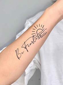 1pc Herbal Temporary Tattoo Sticker, Script "Be Fearless" With Sunrise & Wave Simple Line Pattern, Realistic Fake Tattoo Design, Suitable For Daily Wear, Bachelorette Party Favors, Music Festivals, Game Events, Graduation Gifts, Lasts 7-14 Days - Black - View 5
