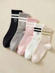 6/10/20/30pcs Women's Fashion Personalized Mid-Calf Socks - Solid Color, Striped And Heart Pattern Design, Soft Comfortable, Breathable Casual, Suitable For Daily Wear. 1 Pair - Multicolor - View 1