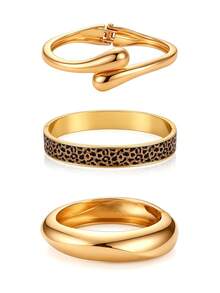 1/3 buah Gelang Emas Tebal, Motif Leopard & Desain Melengkung Halus, Gaya Minimalis Retro, Gelang Manset Paduan Logam yang Dapat Ditumpuk, Aksesori Wanita Musim Gugur dan Musim Dingin - Emas - View 7