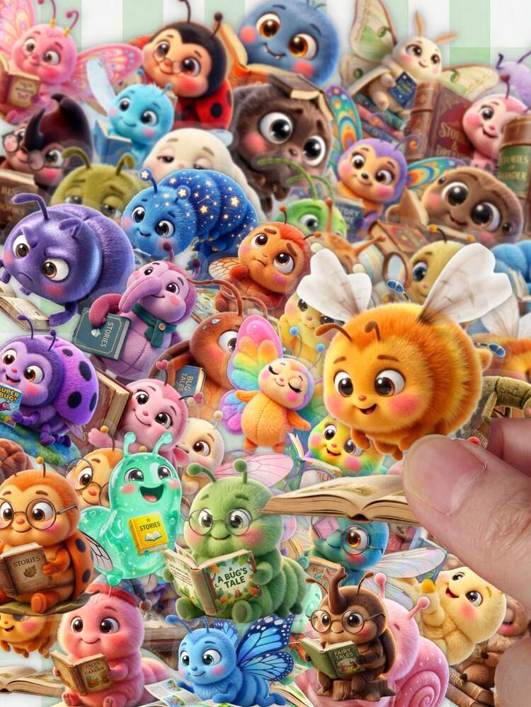 50Pcs Cartoon Reading Bug Stickers, Furry Bee, Butterfly & Caterpillar Decals, PVC Waterproof Self-Adhesive Stickers For Planner & Diary - Multicolor - View 2