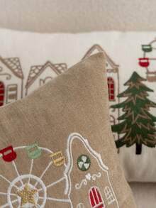 1pc Christmas Khaki Ferris Wheel House Embroidered Pillow Case, Suitable For Indoor Decoration, Christmas Decoration, All-Season Pillow Case, Without Insert - Khaki - View 6