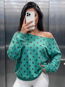 女款休閒波點印花露肩寬鬆衛衣，適合日常穿著，秋冬服飾，秋冬穿搭，戶外穿著 - 青綠色 - 查看 2