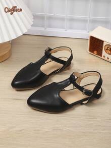 1 Pasang Sandal Anak Perempuan Warna Hitam Polos Sederhana Bahan PU Ujung Persegi Model T-Strap Flat Retro Tertutup Cocok Untuk Pakaian Kampus Musim Semi/Panas, Pesta, dan Acara Perjalanan Gaya Baru 2026 - Hitam - View 4