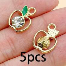 Random 5/10Pcs Mixed Color Hollow Apple Rhinestone Charms, Golden Enamel Leaf Fruit Pendant For DIY Earrings Bracelet Jewelry Making - Multicolor - View 12