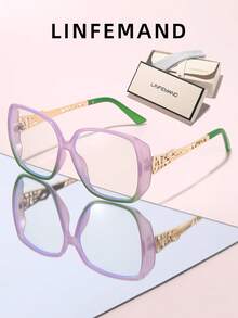 LINFEMAND 1 Pair Women's Oversized Gradient Non-Prescription Glasses, Hollow Metal Temple Design, Face-Flattering Small-Face Effect, Fashionable Contrast Color Frame, Daily Commute Office Wear, Versatile Decorative Eyewear - Clear - View 11