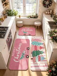 1PC Pink Christmas Bus Christmas Tree Holiday Kitchen Rug, Kitchen Mat, Kitchen Carpet, Door Mat, Small Rug, Carpet, Runner Rug, Floor Mat, Home Decor, Area Rug, Outdoor Mat, Home Decor, Area Carpet, Bedroom Carpet, Washable Carpet - A - View 2