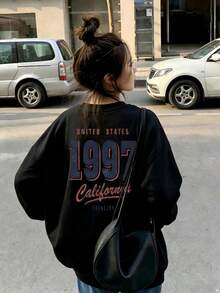 Vintage Distressed California 1997 Back Large Graphic Print Crew Neck Sweatshirt Women Spring Autumn Loose Slimming Versatile Black Pullover Autumn Sweatshirt - Black - View 1