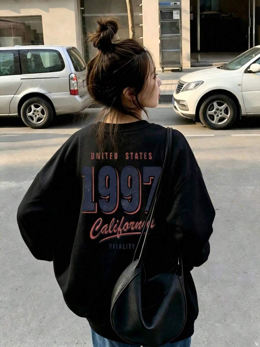 Vintage Distressed California 1997 Back Large Graphic Print Crew Neck Sweatshirt Women Spring Autumn Loose Slimming Versatile Black Pullover Autumn Sweatshirt - Black - View 1