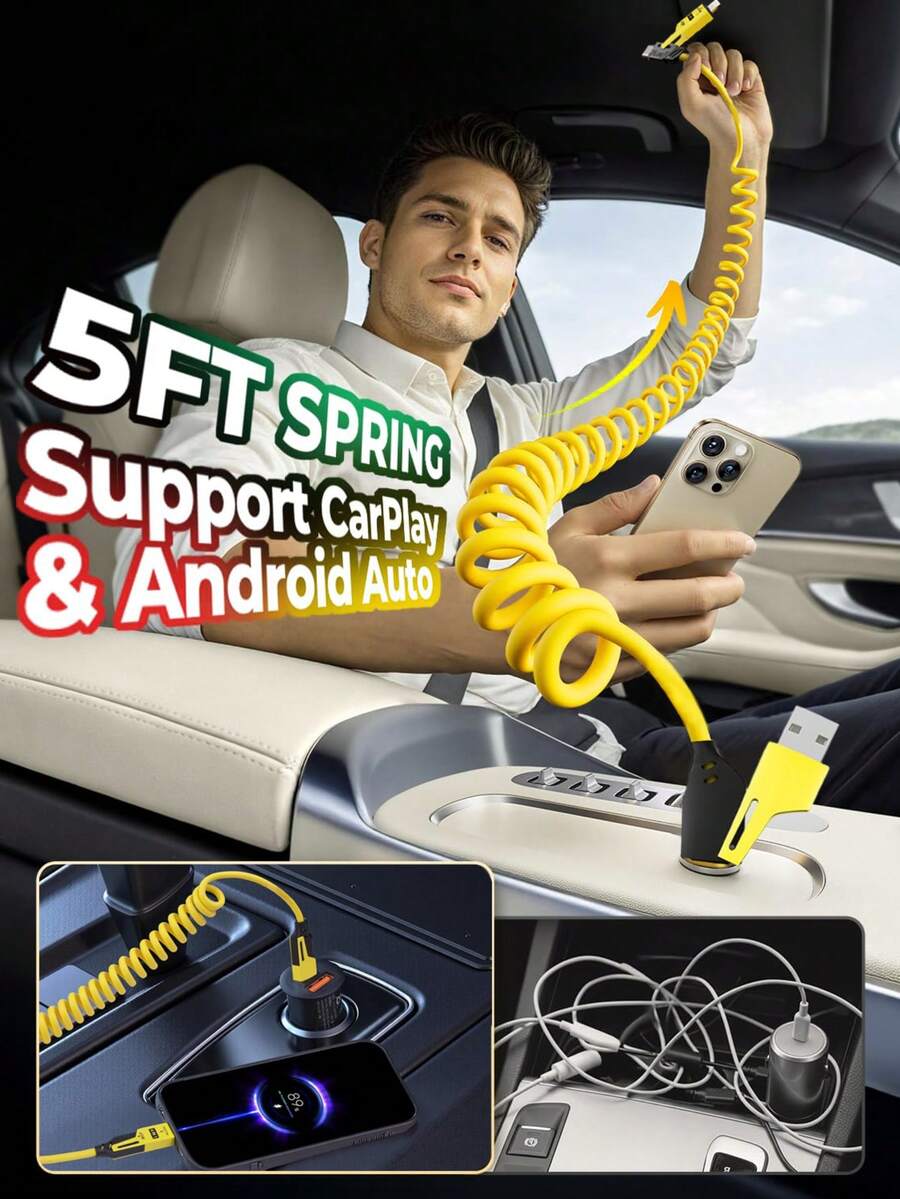 FCV 4-In-1 Coiled Multi 65W USB-C Charging Cable, Secure-Slide No-Loss Adapters, Slim Tips Fit Thick Cases, Lightning End Reinforced, PD Fast Charging, Compatible With CarPlay, [The Light On The Charging Port Does Not Affect Charging] - Multicolor - View 1