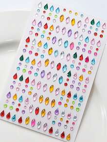Rainbow 3D Glitter Gem Stickers, 2pcs Acrylic Glitter Heart Stickers, Self-Adhesive Rhinestone Teardrop Design, Suitable For Makeup And Clothing, Multi-Color Diamond Face Gems, Perfect For Festivals, Parties And Events - Multicolor - View 7