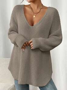 Autumn New Casual Travel Date Plus Size Friendly Hollow Out Loose Slimming Cold Shoulder Long Knit Sweater - Apricot - View 4