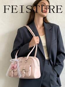 1 pieza Bolso de hombro multifuncional FEISTURE con bolsillos y decoración de lazo, cierre con cremallera, adecuado para uso diario, citas, ir al trabajo, color rosa - Rosa - Ver 2