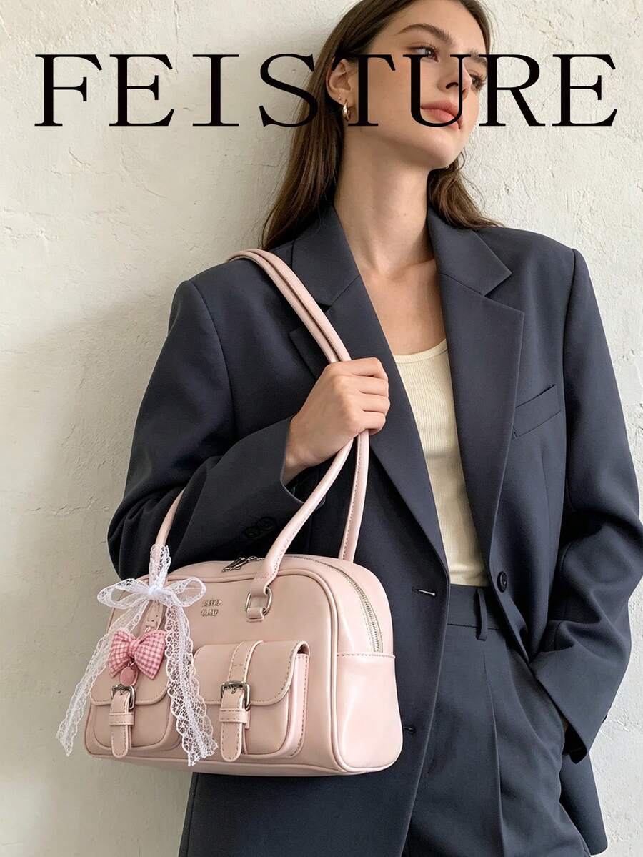 1 pieza Bolso de hombro multifuncional FEISTURE con bolsillos y decoración de lazo, cierre con cremallera, adecuado para uso diario, citas, ir al trabajo, color rosa