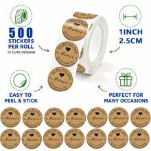 500pcs/Roll Thank You Stickers Kraft Paper French Thank You Stickers Specially Made For You Handmade Stickers Suitable For Wedding, Party And Birthday Gift Packaging Labels, Baking Seal Stickers, Dessert Packaging Labels, Gift Packaging Stickers, Free Gift Stickers, Gift Packaging Seal Decorative Stickers, Round Decorative Stickers - Cartoon - View 2
