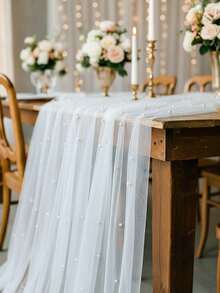 3pcs Pearl Decorated Table Runner, Gauze Tablecloth, Including Blue Pink White Size 75*180cm, DIY Pearl Gauze, Wedding Decoration, 1st Birthday Party Decoration, Bridal Shower Decoration, Gender Reveal Party Decoration, Baby Shower Supplies, Holiday Party Supplies, Home Decor, Room Decor, Tabletop Decoration - Multicolor - View 4