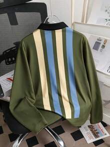 Men Retro Vertical Color Block Striped Long Sleeve Polo Shirt Casual Button Collar Golf Top - Multicolor - View 5