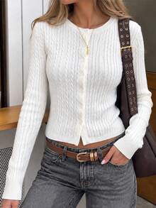 Apperloth A Elegant Cable Knit Sweater Cardigan White Tops Round Neck Button Front Long Sleeve Slim Fit Fall Clothes Daily Casual Going Out Outfit For Women - White - View 1