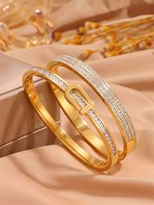 2pcs Gold Tone Stainless Steel Bracelets, Pave Rectangular Zirconia, Shiny Transparent, Exquisite Eye-Catching Wrist Accessory - Gold - View 6