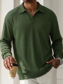 Men's Olive Green Ribbed Knit Polo Shirt V-Neck Long Sleeve Textured Fabric Casual Minimalist Autumn Top - Army Green - View 2
