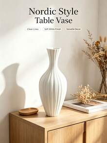 White Ribbed Plastic Flower Vase, Nordic Fluted Vase, Unbreakable Decorative Table Vase For Office Desk, Dining Table Centerpiece, Living Room Home Decor - Boho Style - View 1