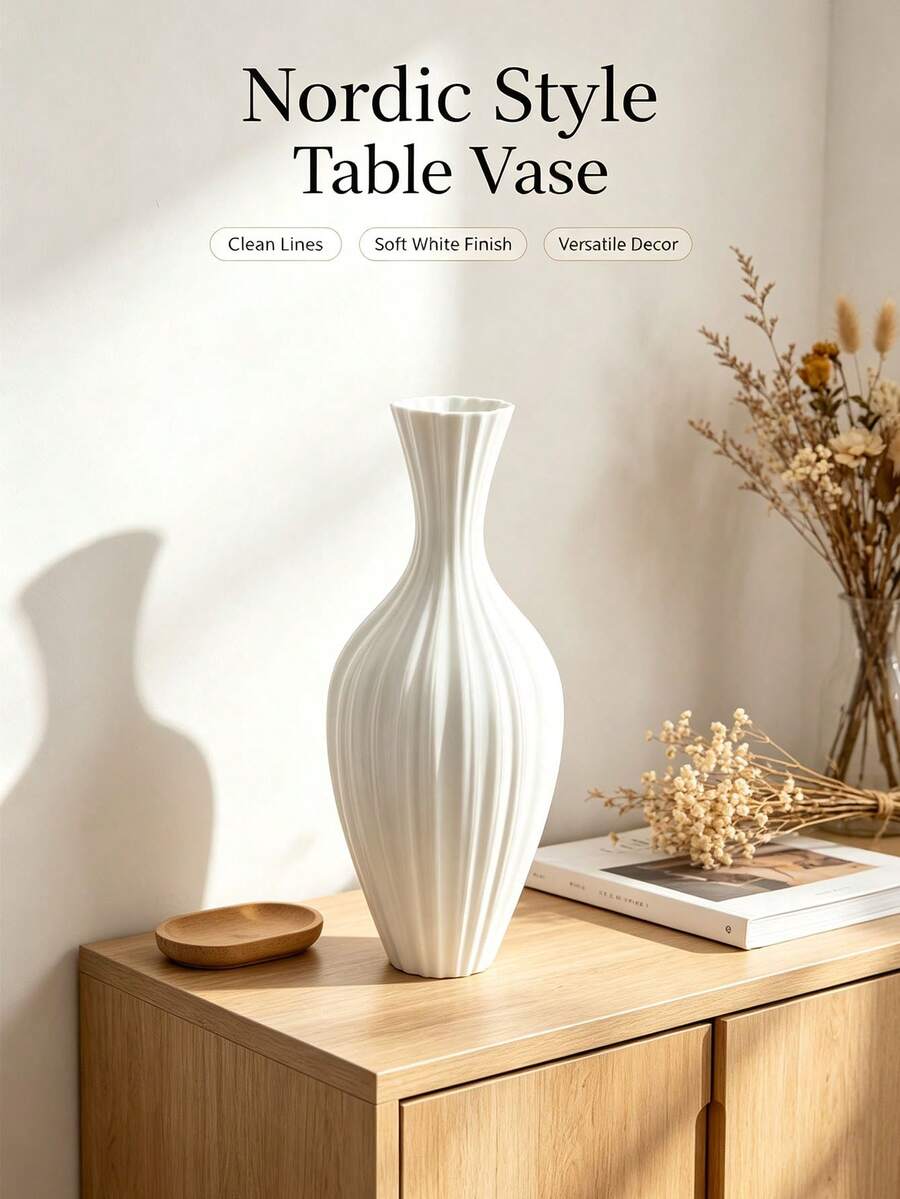 White Ribbed Plastic Flower Vase, Nordic Fluted Vase, Unbreakable Decorative Table Vase For Office Desk, Dining Table Centerpiece, Living Room Home Decor - Boho Style - View 1
