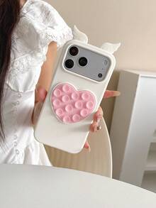 1PC 3D Heart Suction Cup Stress Relief Phone Case, Cute Angel Wings Design, Full Coverage Silicone Anti-Drop Soft Shell, Creative Bubble Case Compatible With Apple 16/16Pro/16Promax/17/17Pro/17Promax Protective Phone Case - White Pink - View 2