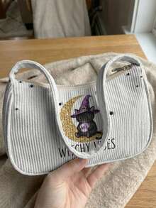 1pc Halloween Magic Kitten Print Corduroy Shoulder Bag, Underarm Bag, Large Capacity Storage, Zip Closure Y2K Baguette Handbag For Daily Travel Gift - Multicolor - View 5