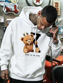Men's Autumn/Winter American Street Style Crown Bear BORN TO BE KING Print White Hoodie Sweatshirt, Brand Top - White - View 5