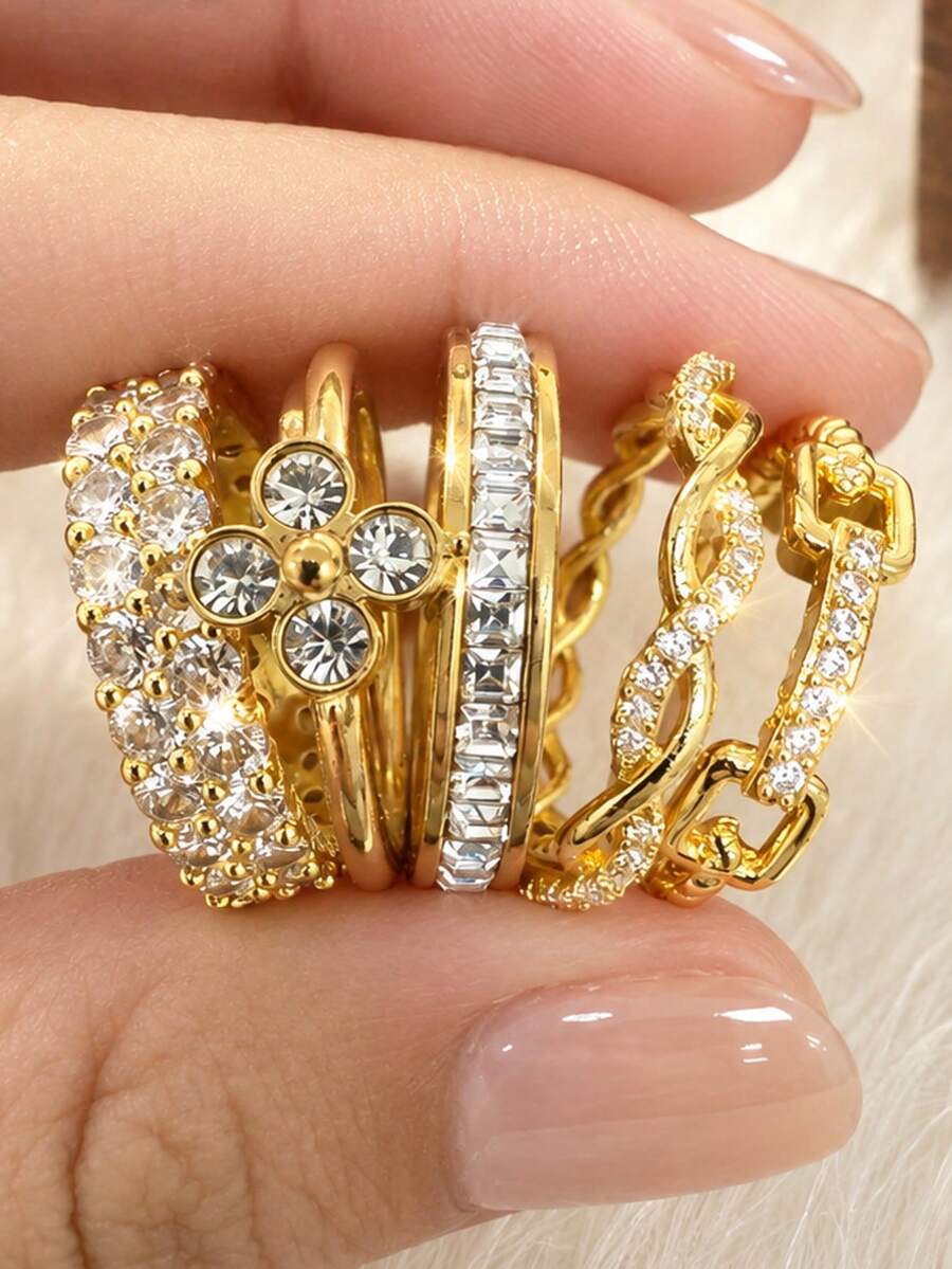 ZCNC Set Cincin Gaya Bohemian 5 Buah, Berlapis Emas 18K, Cincin Baja Tahan Karat 304, Langit Berbintang Dua Lapis, Desain Kunci, Set Cincin Tali Terpilin, Cocok untuk Liburan Wanita, Perjalanan Sehari-hari, Hadiah Ideal untuk Ulang Tahun Teman - Emas - View 1