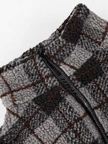Women's Retro Coffee Brown Autumn/Winter Halloween & Christmas Holiday Party Date Commute Cropped Shearling Plaid Daily Commute Back-To-School Jacket - Dark Grey - View 7