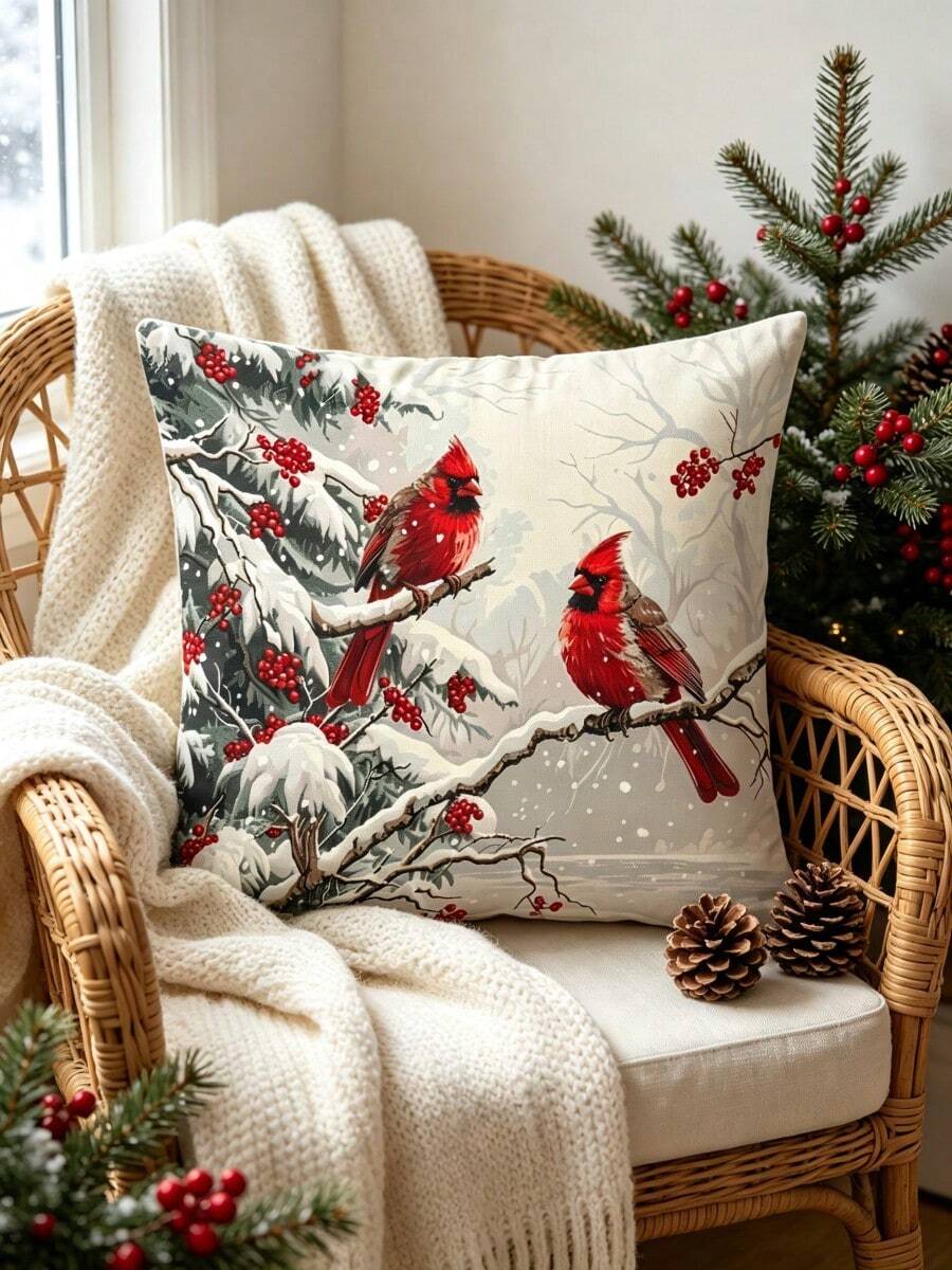 1 Stück Weihnachts-Kissenbezug mit rotem Vogel & Stechpalmenbeeren - weiches & glattes Polyester-Kurzplüsch-Gewebe, doppelseitig bedrucktes Muster, Reißverschluss, maschinenwaschbar, verschneites Beeren-Rotvogel-Zweig-Design, geeignet für Wohnzimmer, Schlafzimmer und verschiedene Räume, mehrere Größen erhältlich, Kissenfüllung nicht enthalten, weihnachtlicher dekorativer Kissenbezug, 150 g/m² - Verschiedenfarbig - Übersicht 1