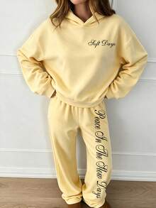 Lurzo Teen Girls Y2K Lazy Loose Sweatshirt Set, Cream Apricot Sweatshirt Paired With Side Print Wide Leg Pants, Suitable For Daily Shopping And Street Wear - Apricot - View 2