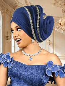 1pc Women Pre-Made Auto Gele Turban Hat, Nigerian Pleated Headtie With Rhinestone Trim, African Flower Bud Head Wrap For Wedding Party Ceremony - A - View 11