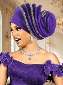 1pc Women Pre-Made Auto Gele Turban Hat, Nigerian Pleated Headtie With Rhinestone Trim, African Flower Bud Head Wrap For Wedding Party Ceremony - A - View 10