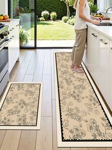 1 Pc Light Brown Floral Pattern Kitchen Mat, 3.5 Mm Soft Rubber That Absorbs Water And Is Easy To Clean. Suitable For Corridors, Bathrooms, Living Rooms, Outdoor Door Mats, And Toilets. Useable Throughout The Year And For Various Holidays. - Multicolor - View 9