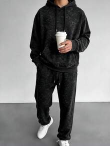 Vintage Washed Distressed Hoodie & Jogger Sweatpants 2 Pieces Set For Men, Casual Daily Wear - Black - View 4