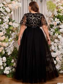 Women Plus Size V-Neck Sequins Evening Party Dress For Wedding Guest Mother Of Bridal Prom Gowns Shinning Ruffle Sleeve Formal Occassion - Black - View 2