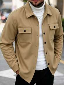 Kolrap Men Wool Blend Shacket Jacket, Solid Color Single‑Breasted Pocket Long Sleeve Overshirt, Autumn Winter Casual Loose Men Outerwear Shirt Jacket - Camel - View 2