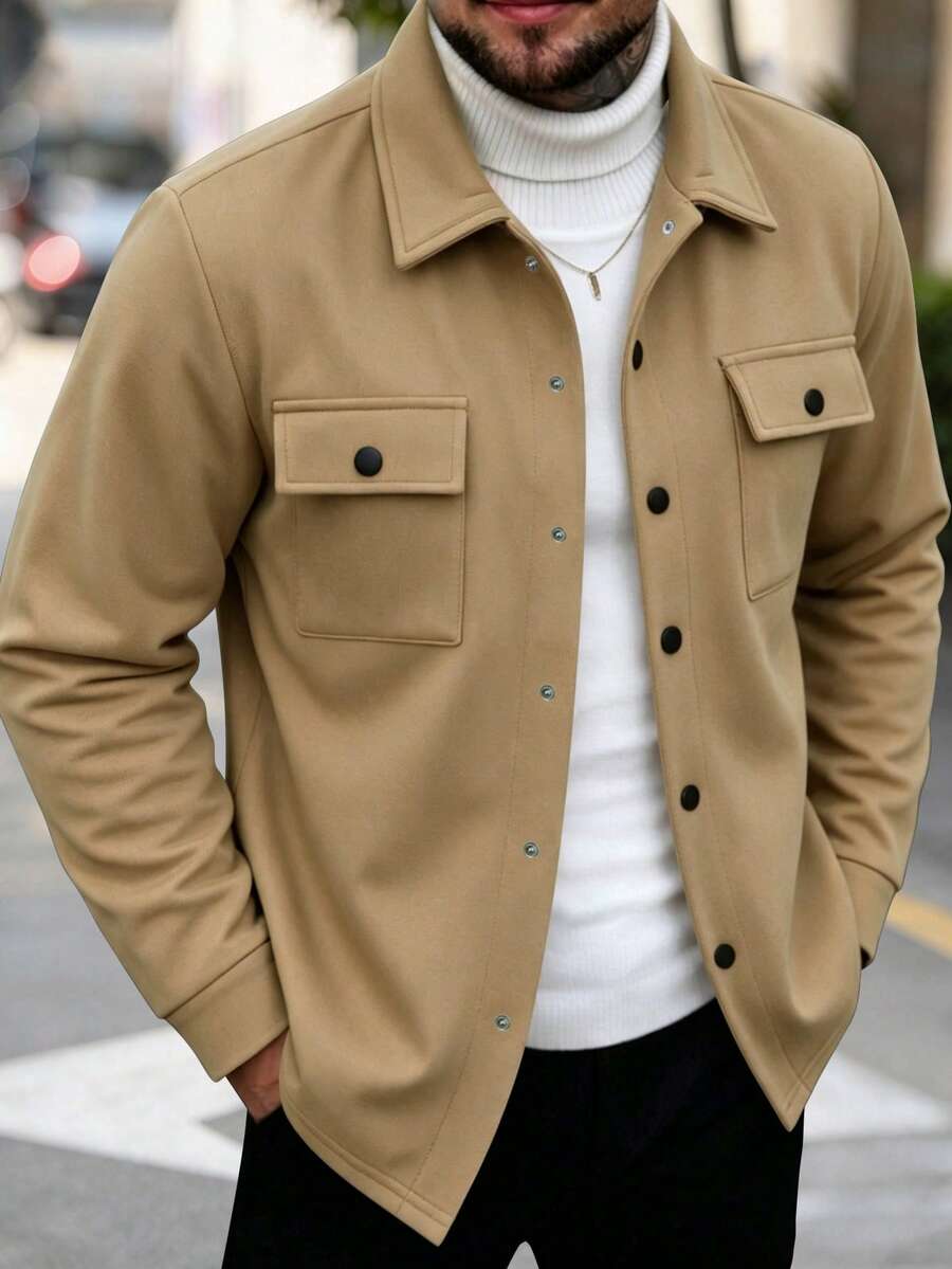Kolrap Men Wool Blend Shacket Jacket, Solid Color Single‑Breasted Pocket Long Sleeve Overshirt, Autumn Winter Casual Loose Men Outerwear Shirt Jacket