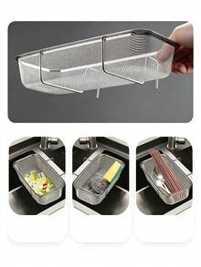 1pc Sink Drain Basket,Stainless Steel Side Hanging Filter Basket With Rectangular Design,Kitchen Sink Organizer For Food Scrap Collection,Vegetable And Fruit Cleaning Storage Basket,Space Saving Accessory For Countertop,Dishwashing Area, Home Kitchen - Multi-color - View 3