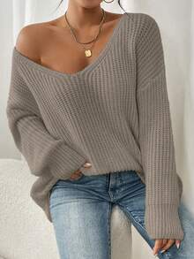 Autumn New Casual Travel Date Plus Size Friendly Hollow Out Loose Slimming Cold Shoulder Long Knit Sweater - Apricot - View 6