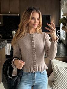 Soft Frill Trim Knitted Cardigan, Round Neck Slim Fit Short Length With Small Gold Buttons And Frill Trim, Flattering Women's Long Sleeve Jacket For Daily Commute, Afternoon Tea Date, Shopping, And Office Wear - Khaki - View 6