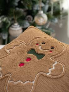 1pc Christmas Brown Gingerbread Man Embroidered Pillowcase, Suitable For Indoor Decoration, Christmas Decor, All-Season Pillowcase, Without Insert - Brown - View 6