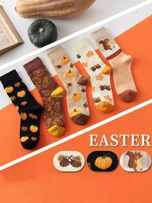 5 Pairs Women's Mid-Calf Cotton Socks, Autumn Pumpkin Squirrel Maple Leaf Vintage Theme, Cute Cartoon Versatile Socks - Multicolor - View 2
